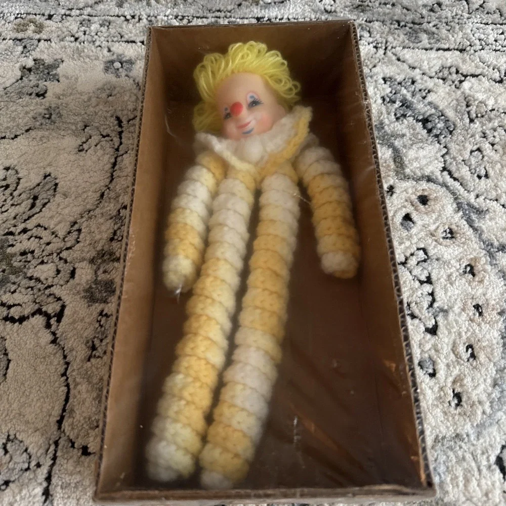Vintage Handmade Spiral Crochet YOYO Clown Doll with Plastic Head Yellow New